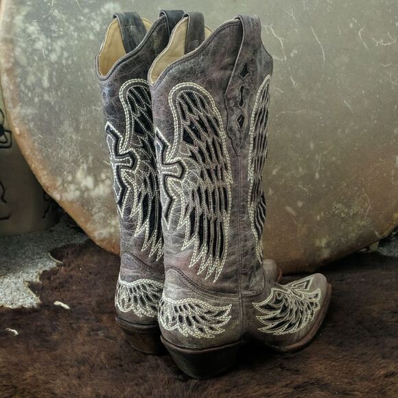 CORRAL A1241 distressed taupe/black winged cross black sequins cowgirl boots 7.5 - Picture 6 of 16